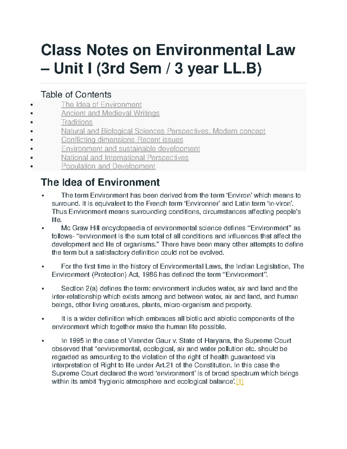 Class Notes on Environmental Law - It is equivalent to the French term ...