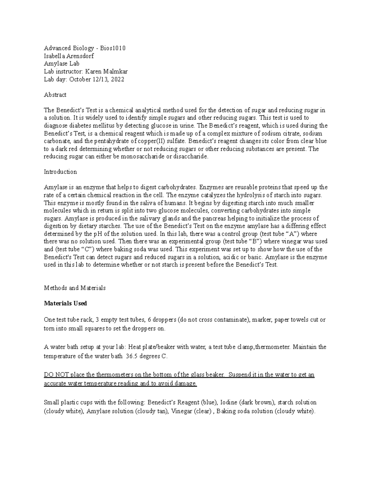 Lab write-up - Benedict’s test - Advanced Biology - Bios Isabella ...