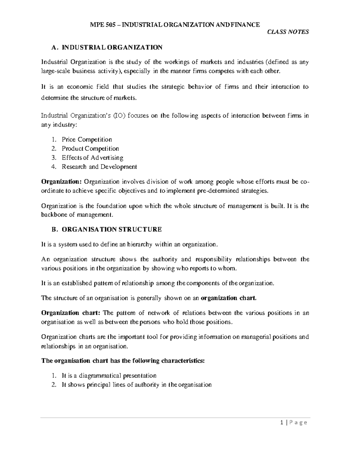 MPE 505 Class Notes-section 1 - CLASS NOTES A. INDUSTRIAL ORGANIZATION ...