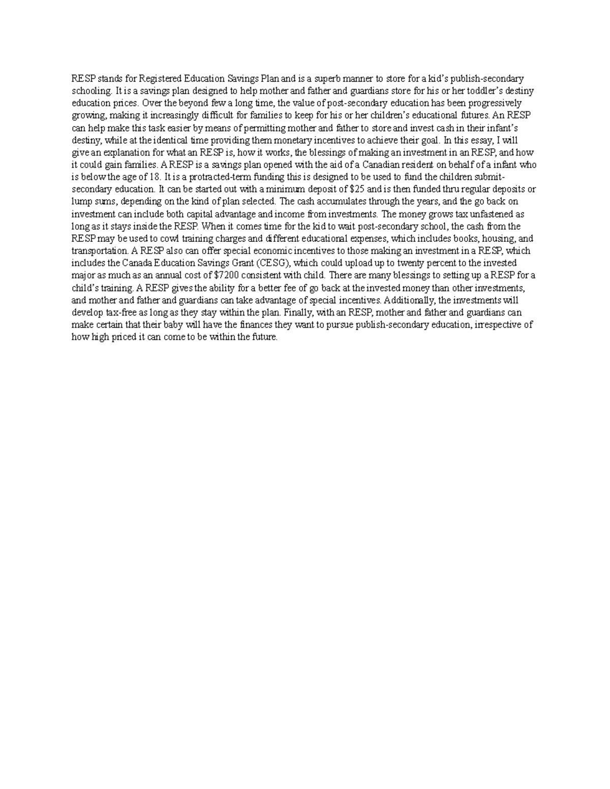 EP 2 - INFORMATION - RESP stands for Registered Education Savings Plan ...
