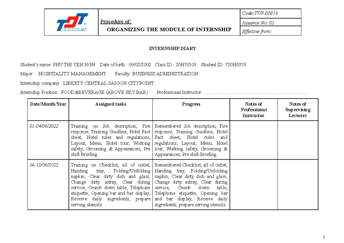 Internship Diary F&B Phu Thi Yen Nghi-720H0358 - Procedure Of ...