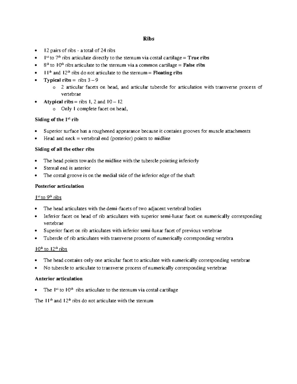 Ribs revision notes - Ribs 12 pairs of ribs - a total of 24 ribs 1 st ...