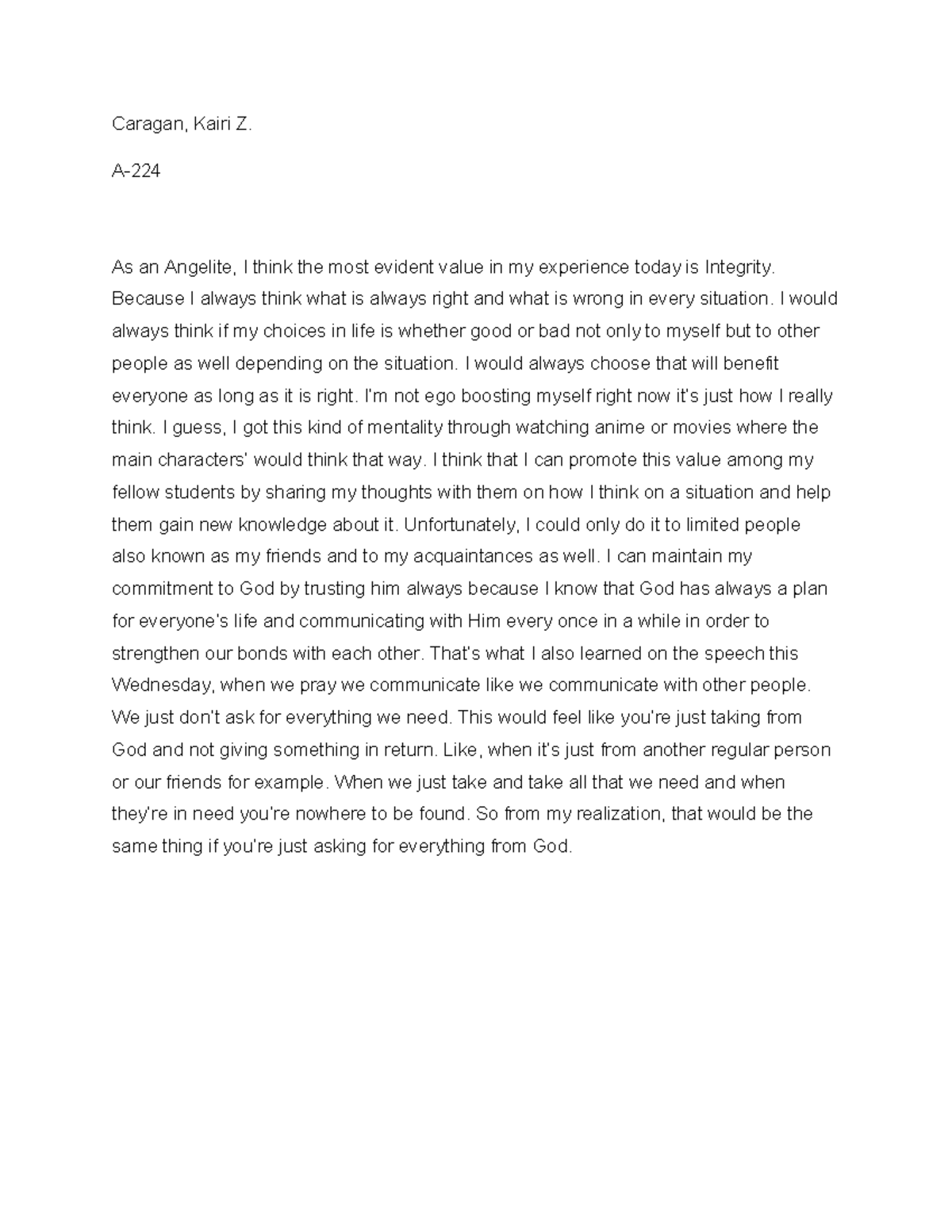 6600 Theology Reflection P a per - Caragan, Kairi Z. A- As an Angelite ...