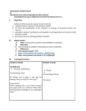 Lesson Plan #5Final - DETAILED LESSON PLAN in TECHNOLOLOGY AND ...