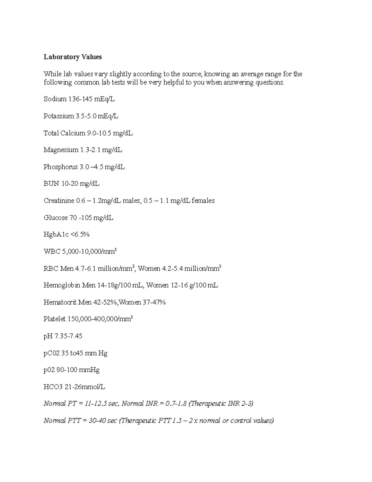 Fundamentals ATI notes Laboratory Values While lab values vary