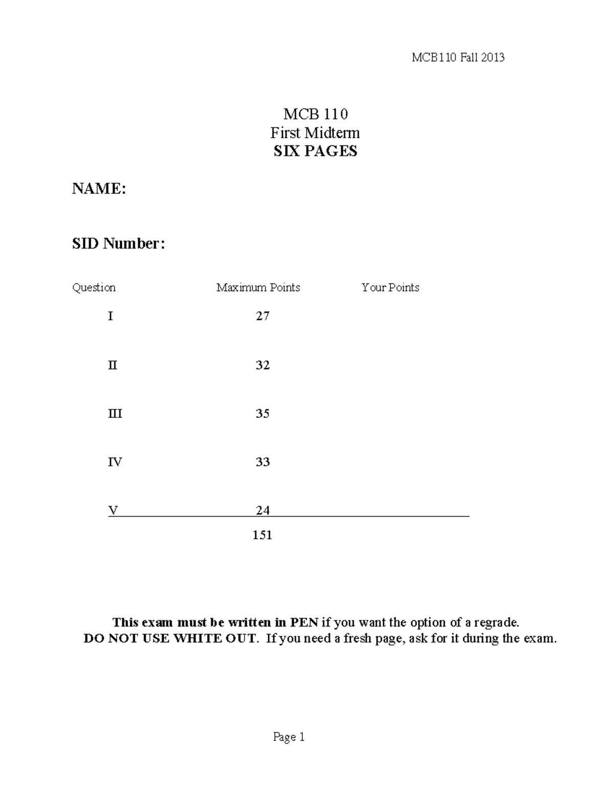 Midterm 1 2013 MCB 110 First Midterm SIX PAGES NAME SID Number