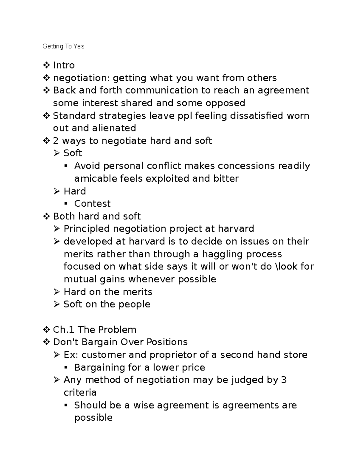 Quiz 1 Notes - quiz 1 study guide - Getting To Yes Intro negotiation ...