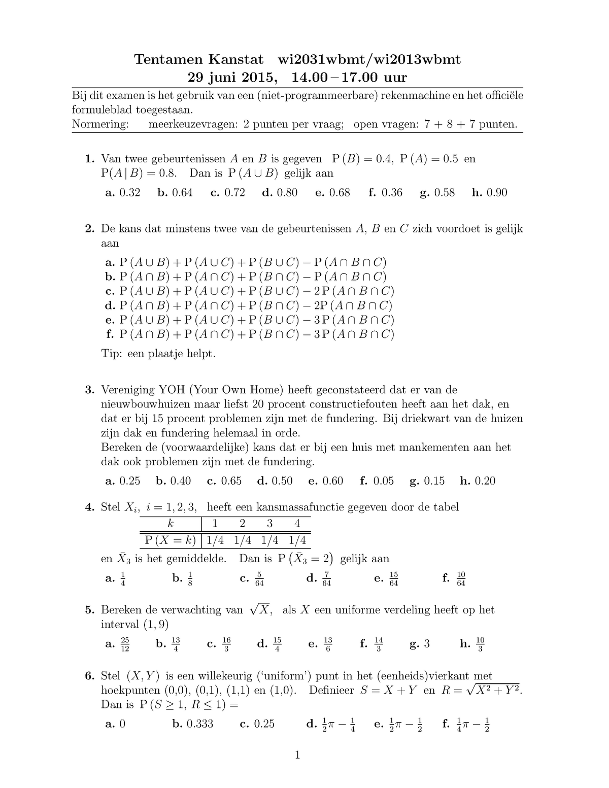 Tentamen 29 Juni 15 Vragen En Antwoorden Kansrekening En Studeersnel