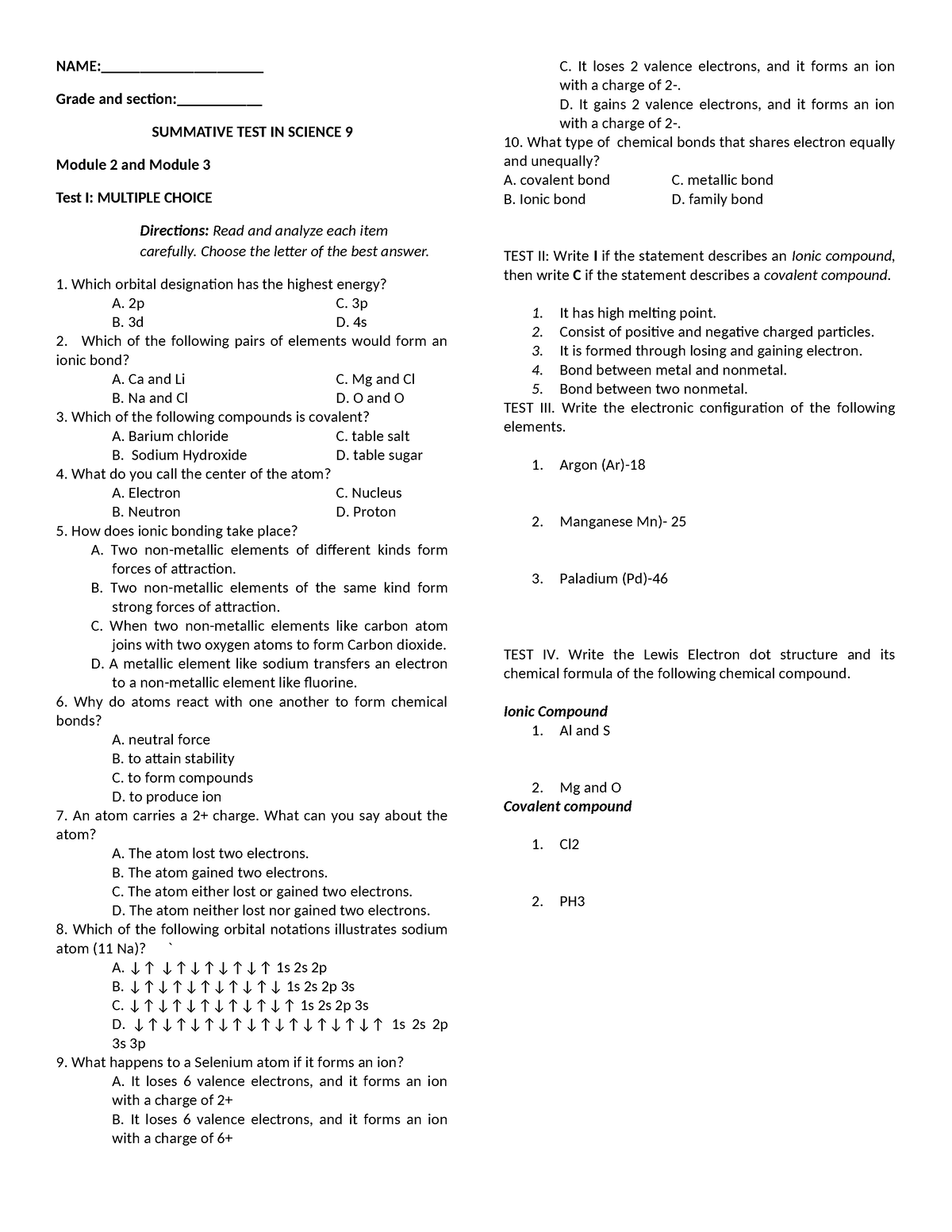 Summative Test Module 2 - Name:                      Grade And Section 