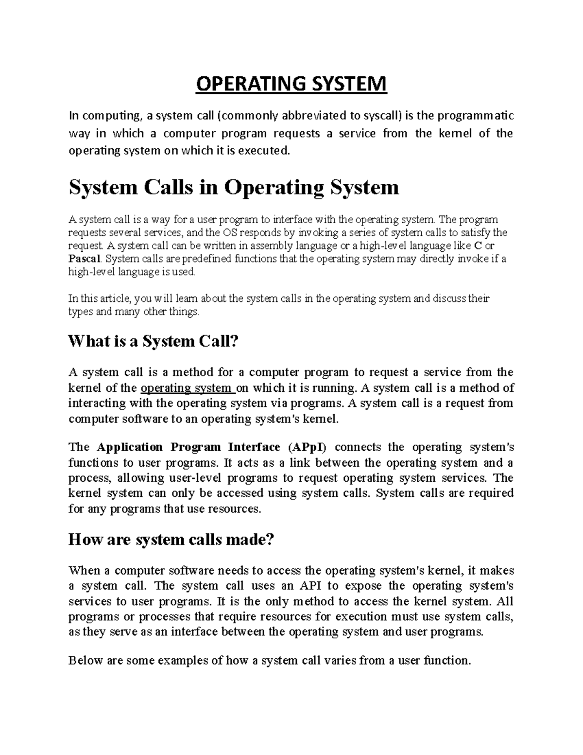 Operating System - Notes - OPERATING SYSTEM In computing, a system call ...