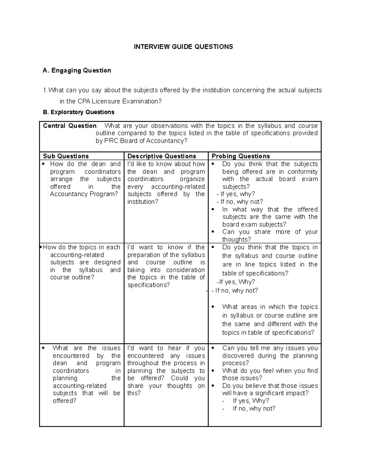 Interview Guide - INTERVIEW GUIDE QUESTIONS A. Engaging Question 1 can ...