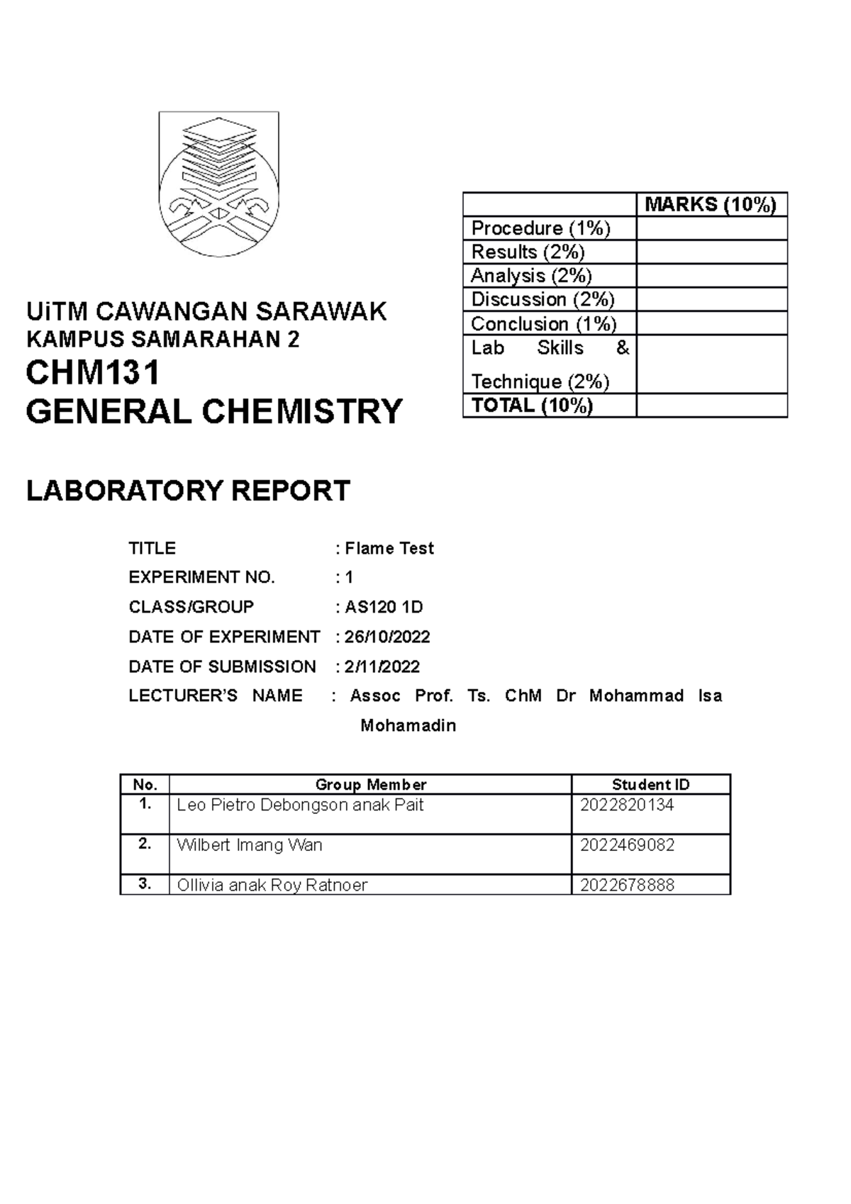 Lab Report CHM Exp 1 - ####### MARKS (10%) ####### Procedure (1% ...