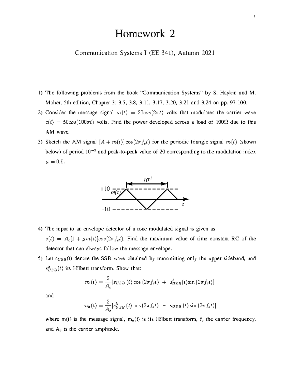 Ee341 Practice Home Work 2 1 Homework 2 Communication Systems I Ee