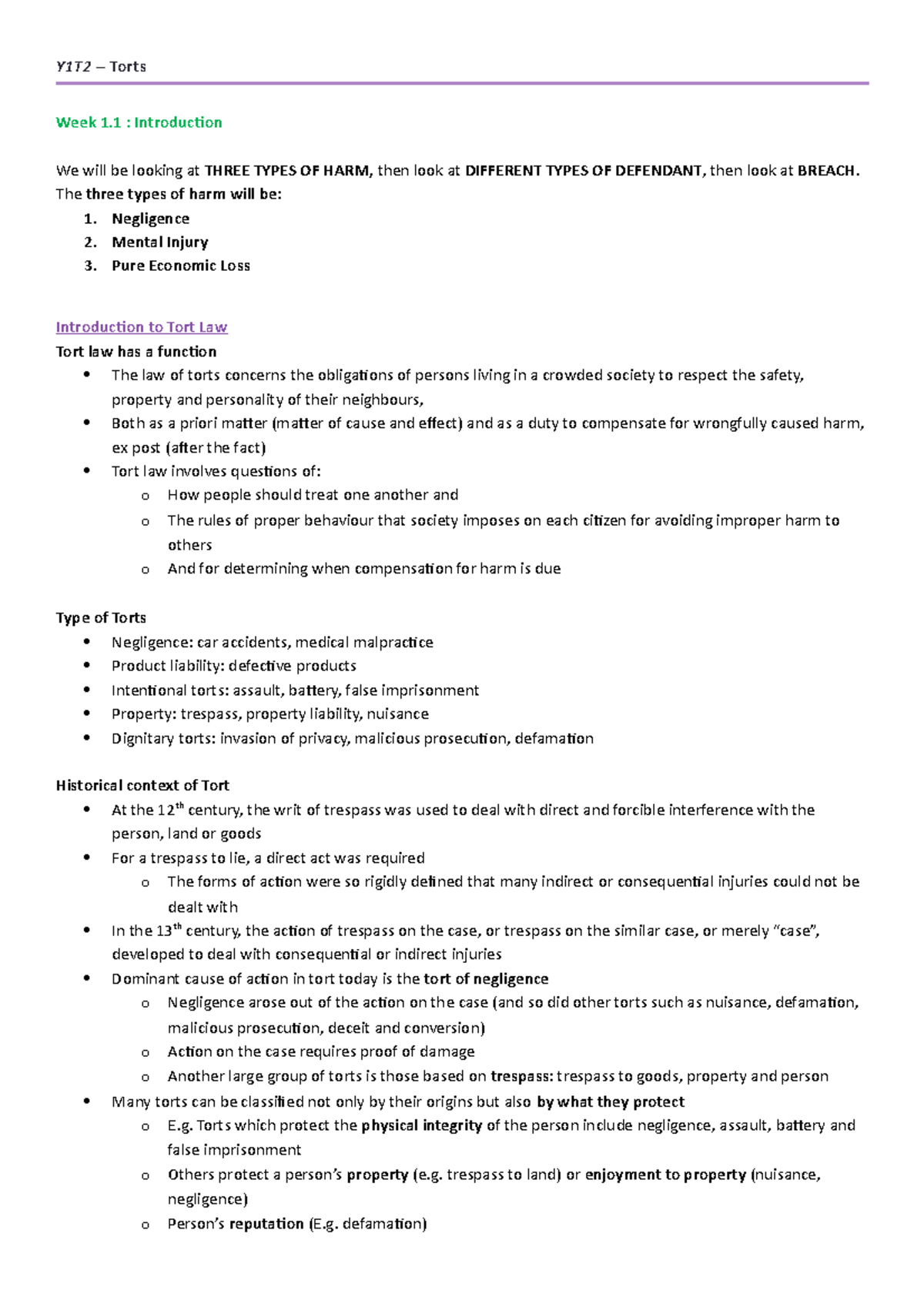 Y1T2 Tort Notes - Y1T2 – Torts Week 1 : Introduction We will be looking ...