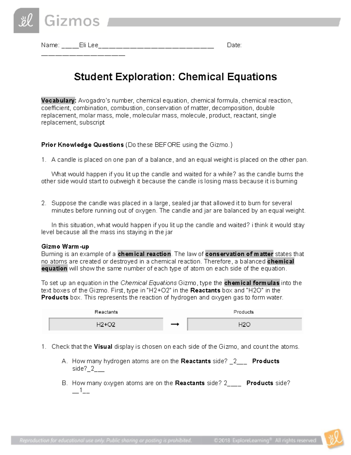 Copy of Chem Equations SE Eli lee - Name: Eli Lee ...