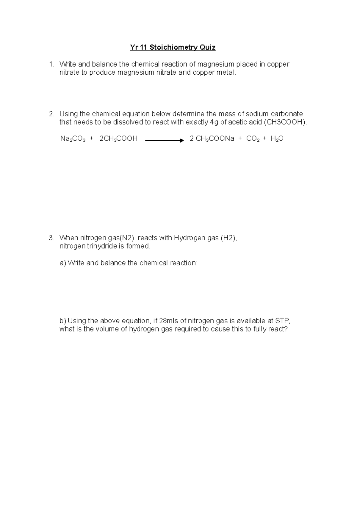 Yr 11 Stoichiometry Quiz - Yr 11 Stoichiometry Quiz Write And Balance ...