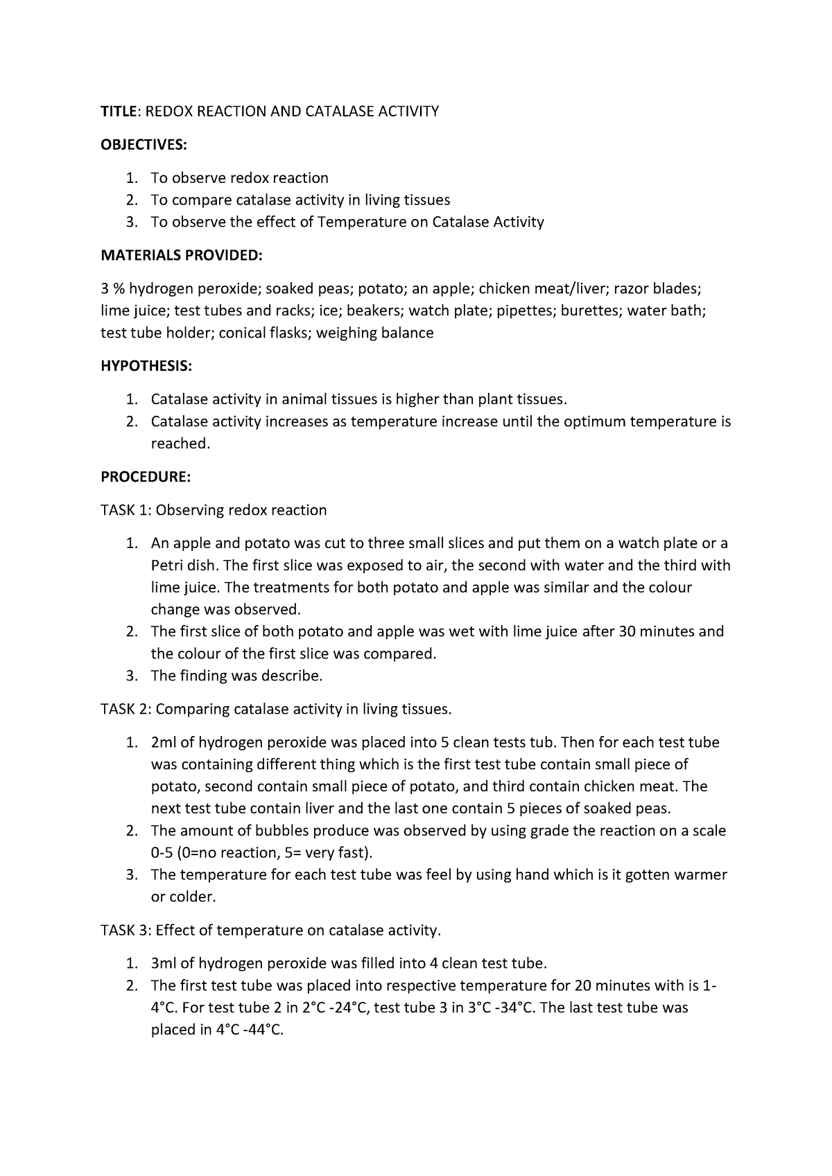 redox reaction and catalase activity experiment