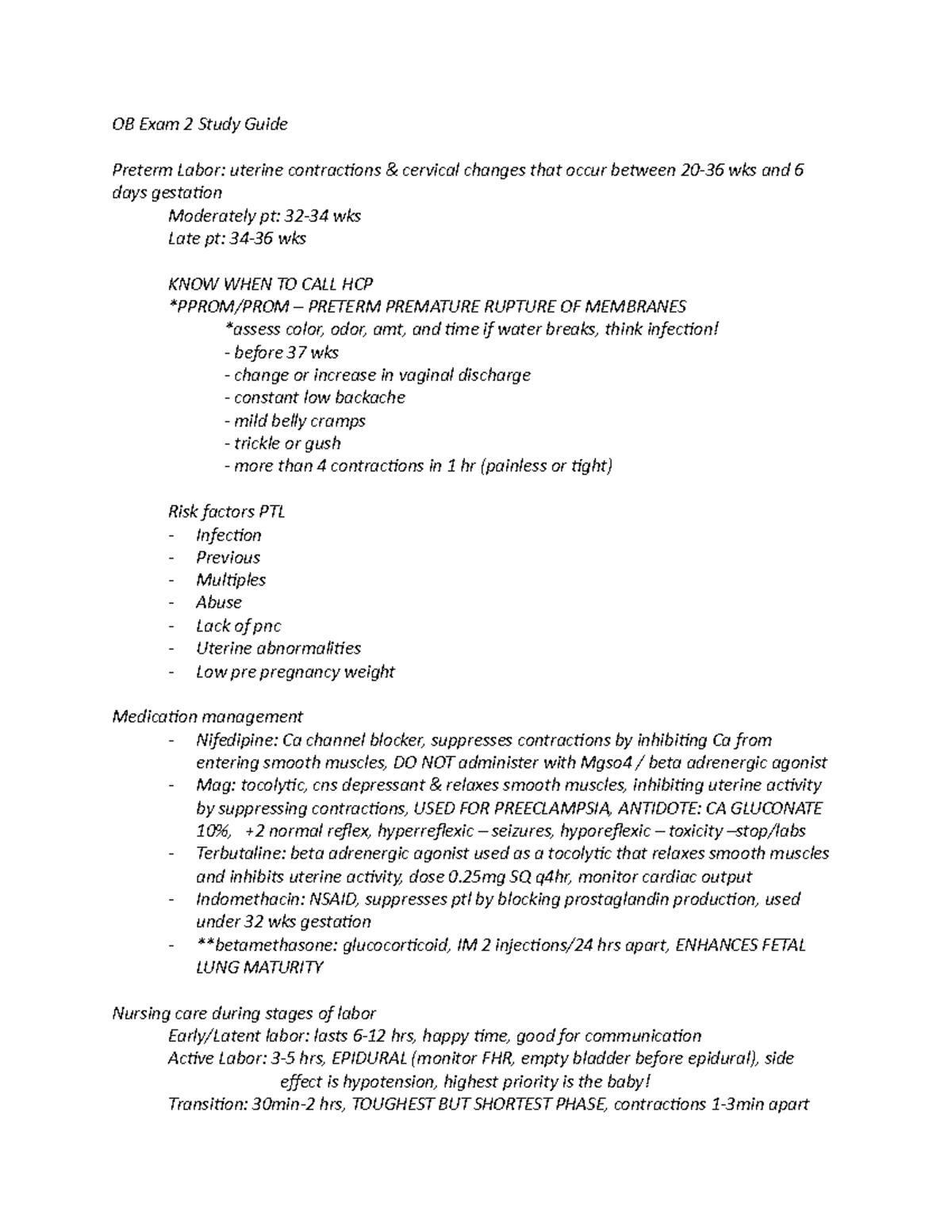 OB Exam 2 Study Guide - Includes preterm labor/emergencies, care during ...