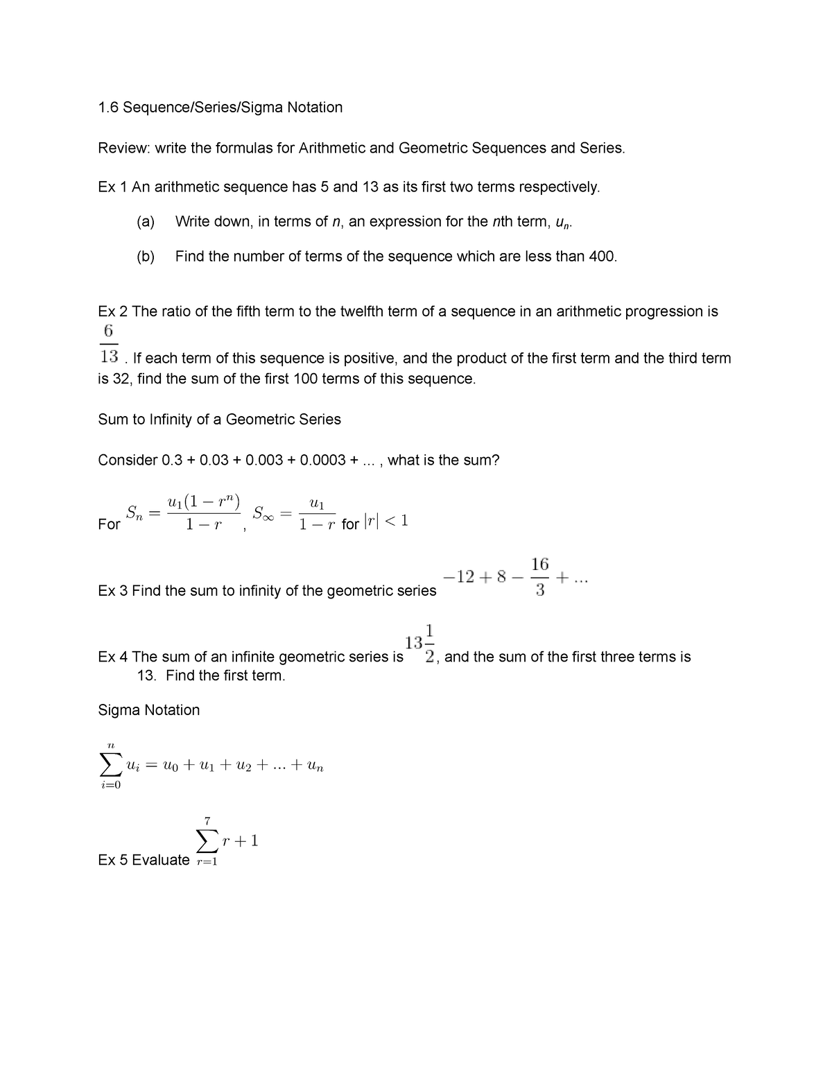 1.6 Sequence Series Sigma Notation - 1 Sequence/Series/Sigma Notation ...