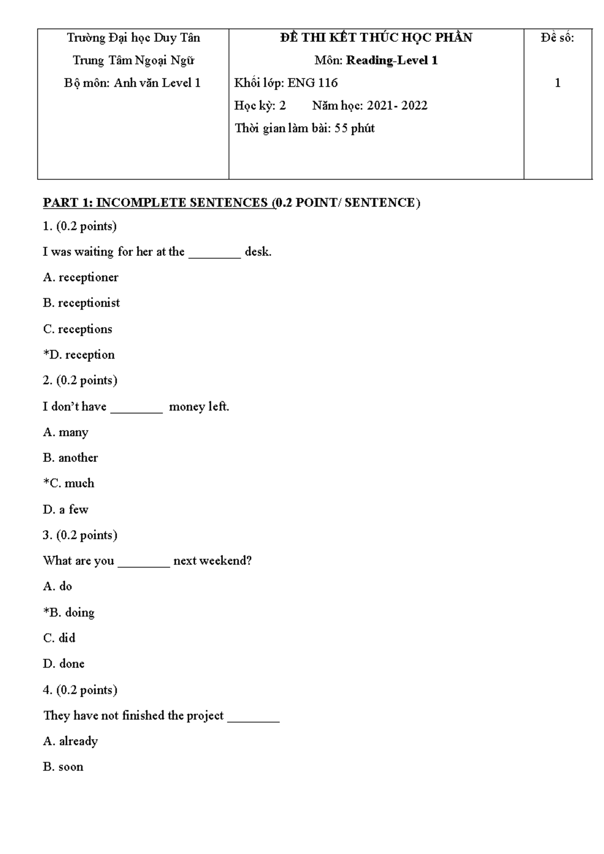 Final TEST-ENG 116-ĐỀ 1-HK2-2021-2022 - Trường Đại học Duy Tân Trung ...