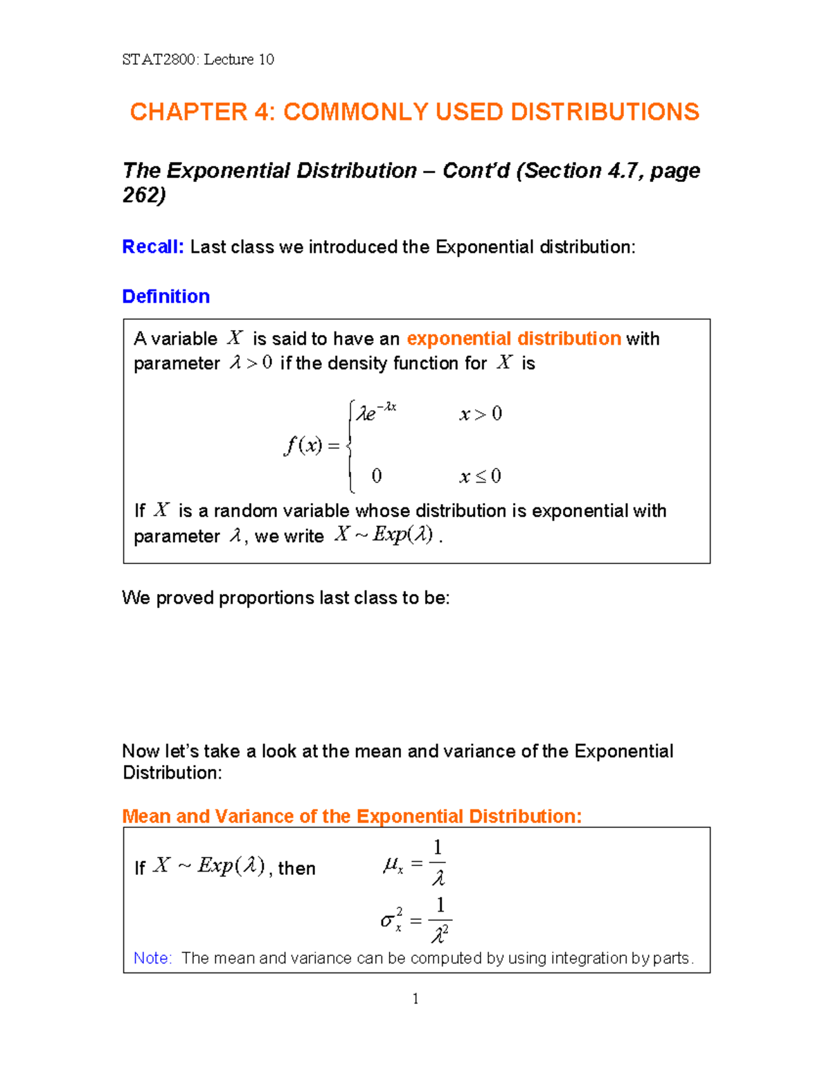 Lec10 blank - CHAPTER 4: COMMONLY USED DISTRIBUTIONS The Exponential ...