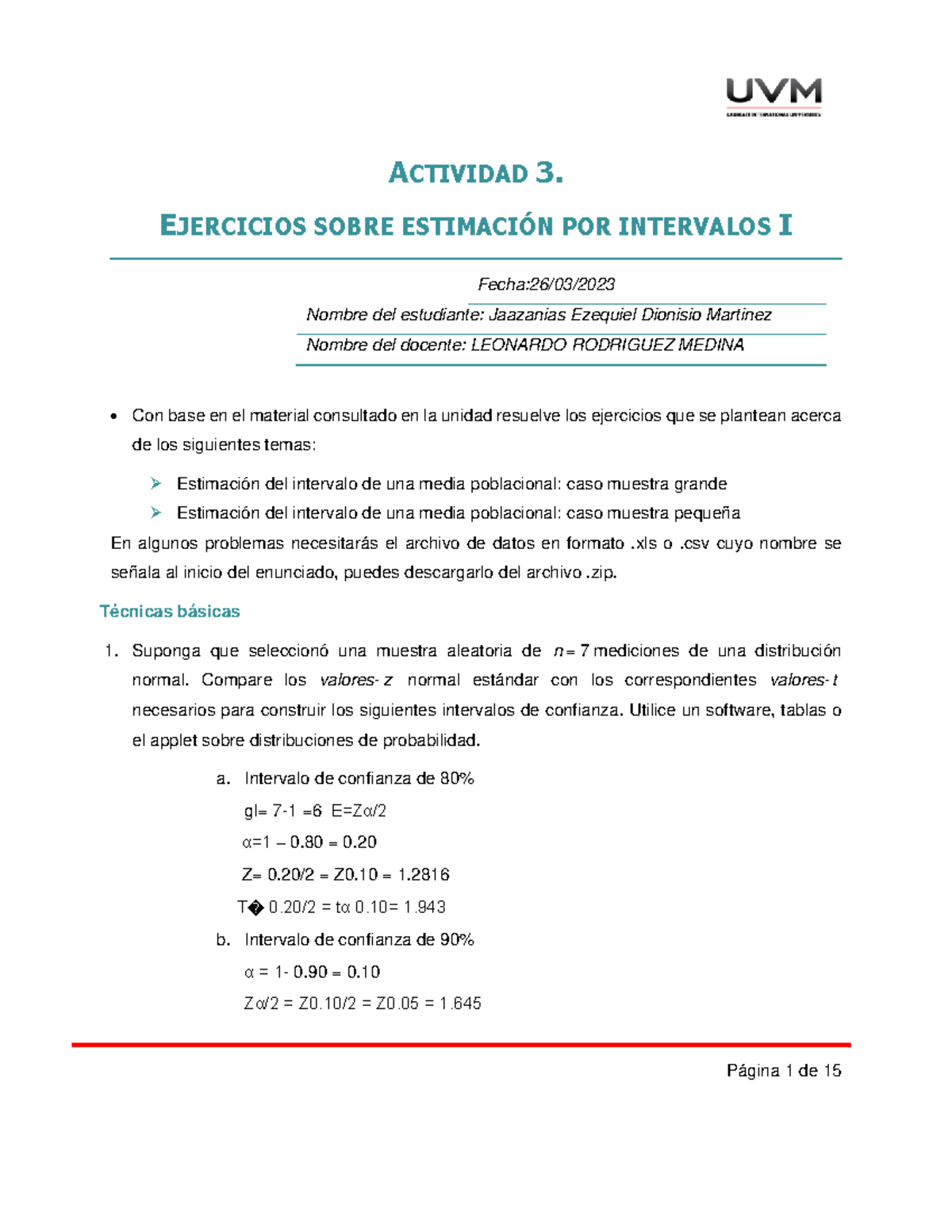 EJERCICIOS SOBRE ESTIMACIÓN POR INTERVALOS I - ACTIVIDAD 3. EJERCICIOS ...