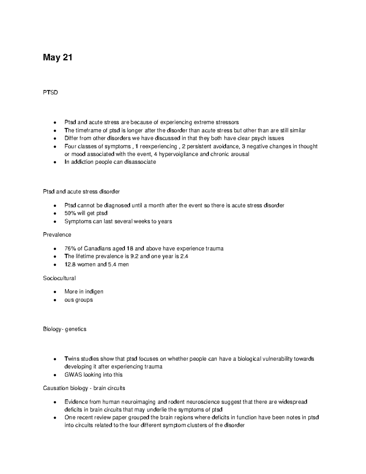 Document 54 - psych 2ap3 ptsd notes - May 21 PTSD Ptsd and acute stress ...