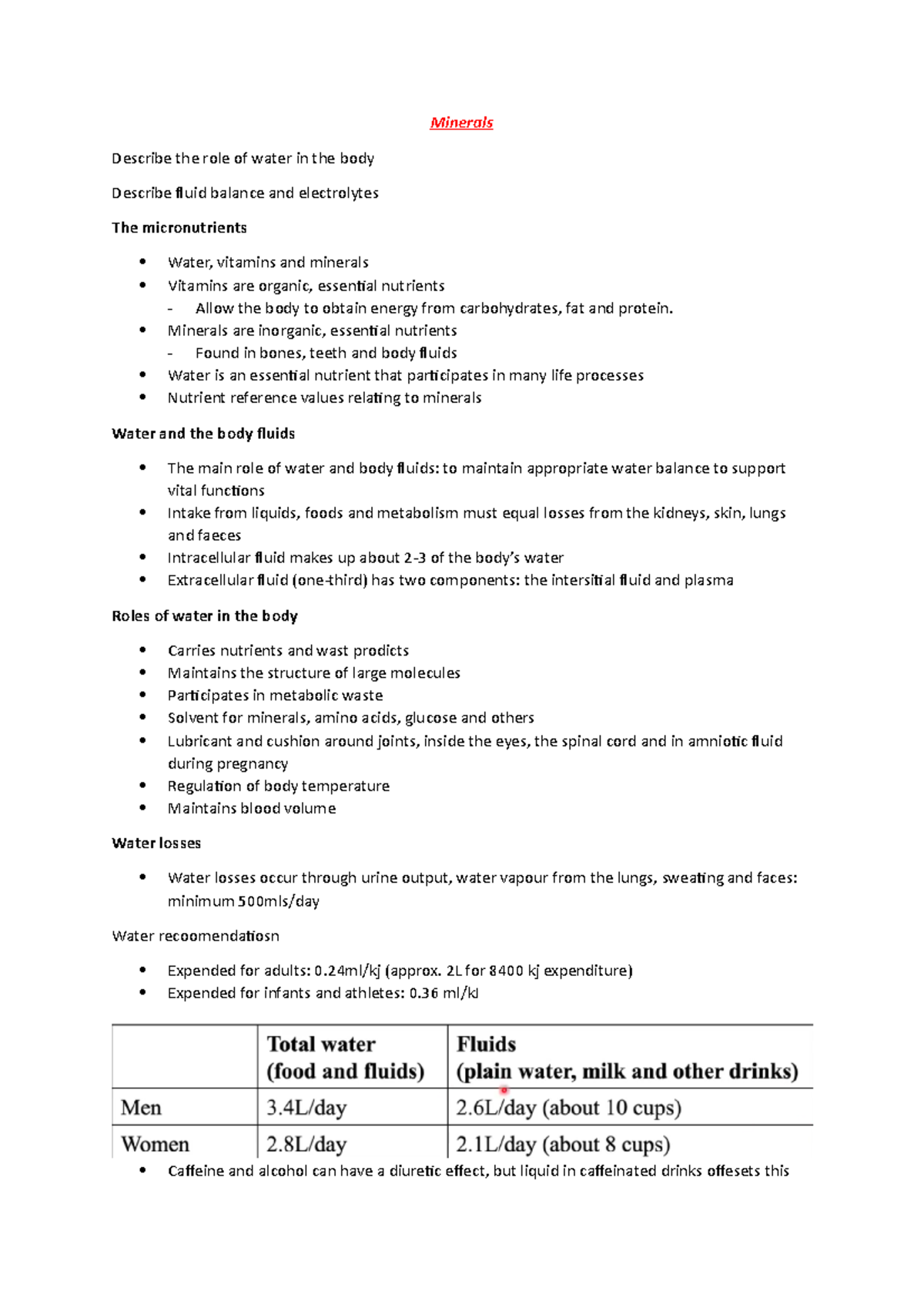 Minerals NOtes Minerals Describe the role of water in the body