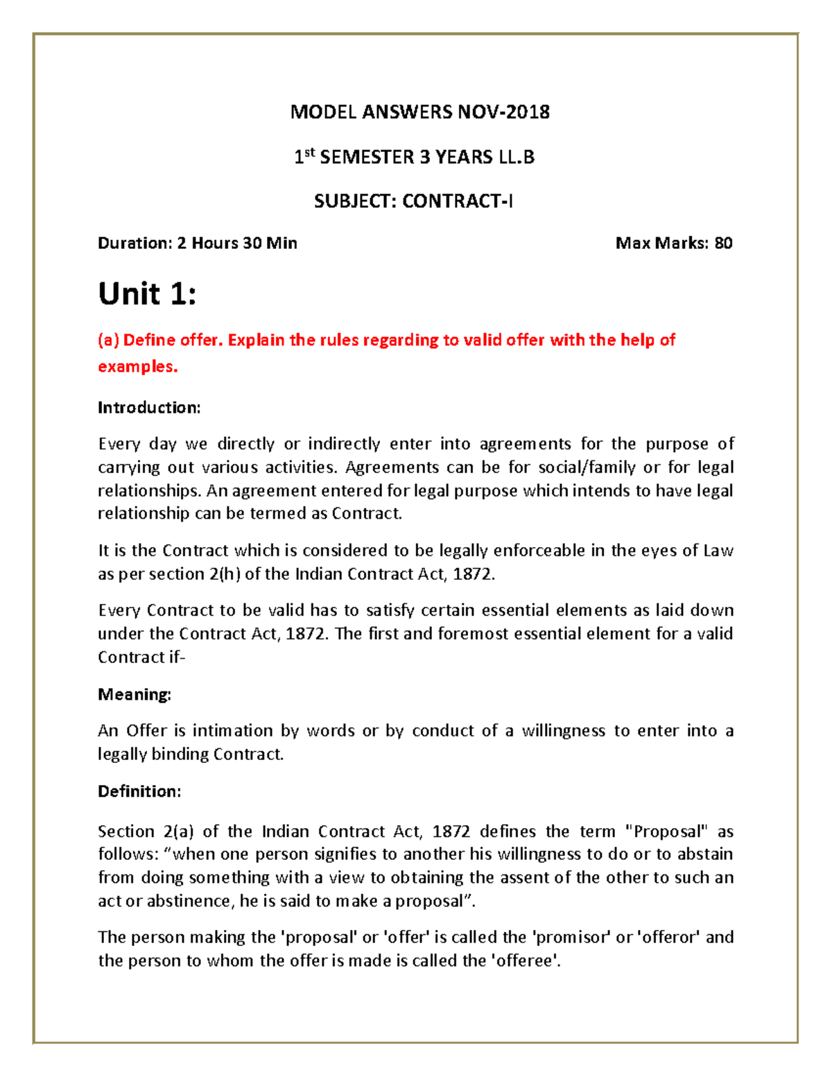 Contract 1 - 2018 1 SEM - notes - MODEL ANSWERS NOV- 2018 1 st SEMESTER ...