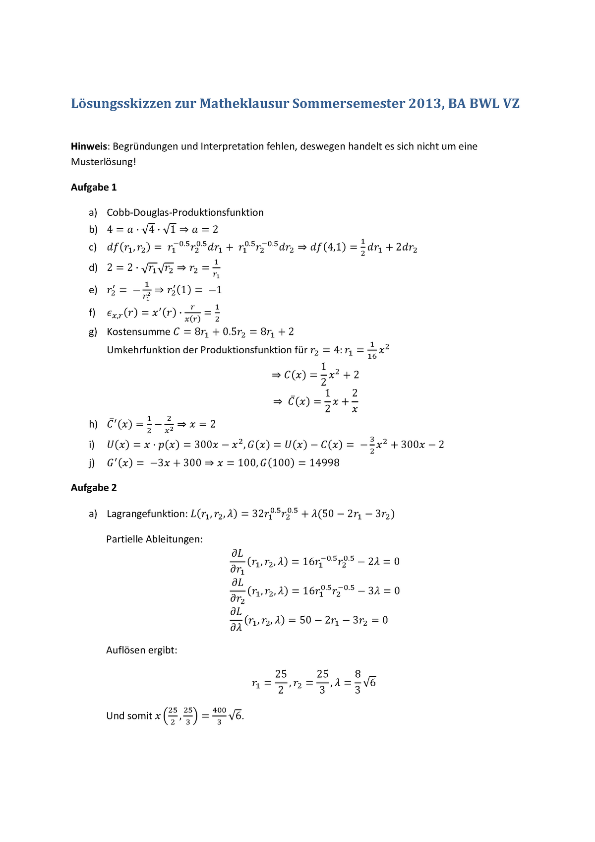 Mathematik Aufgaben + Lösungen Wirtschaftsmathematik - Lösungsskizzen ...