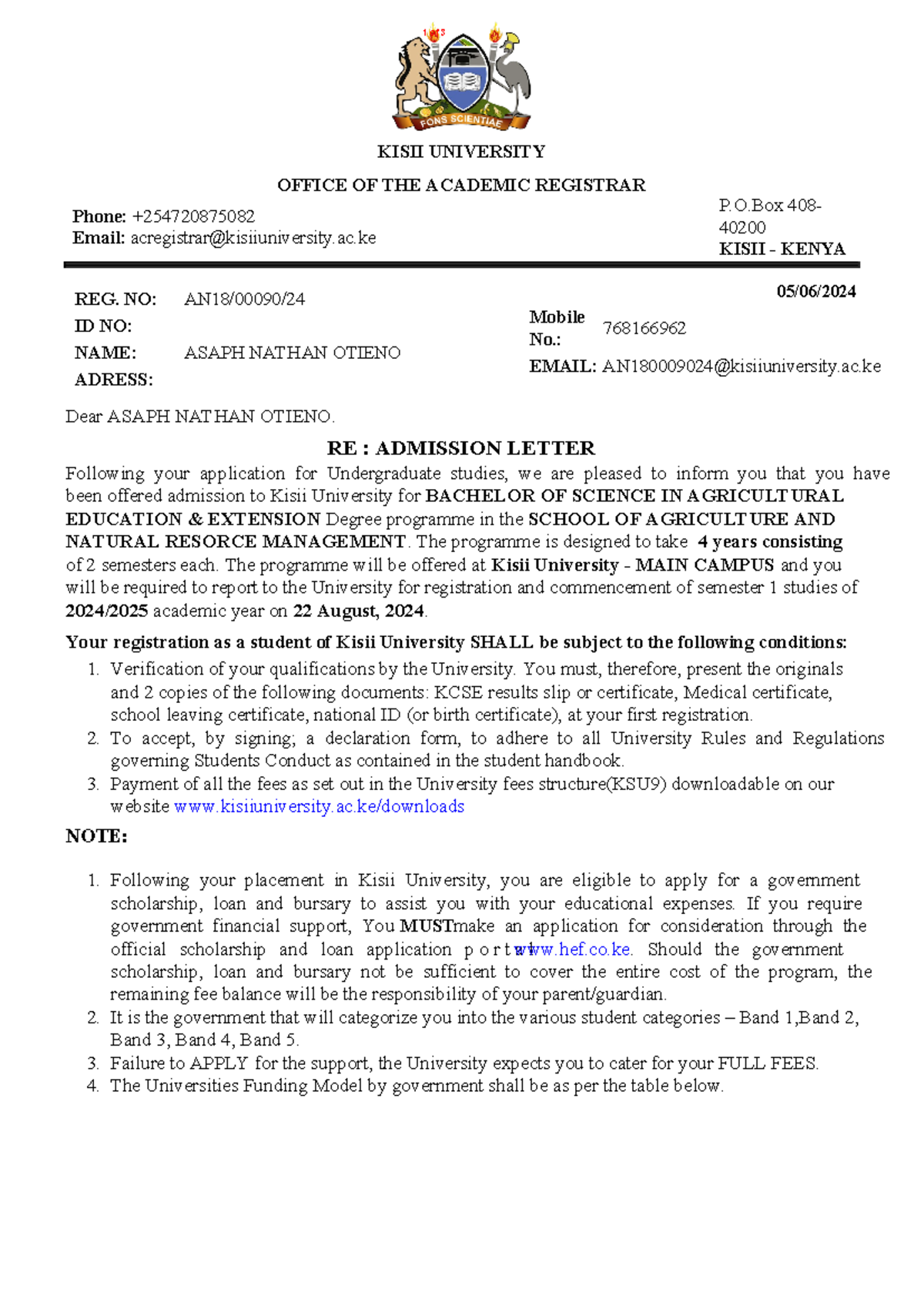 Asaph Nathan Otieno admission letter - KISII UNIVERSITY OFFICE OF THE ...