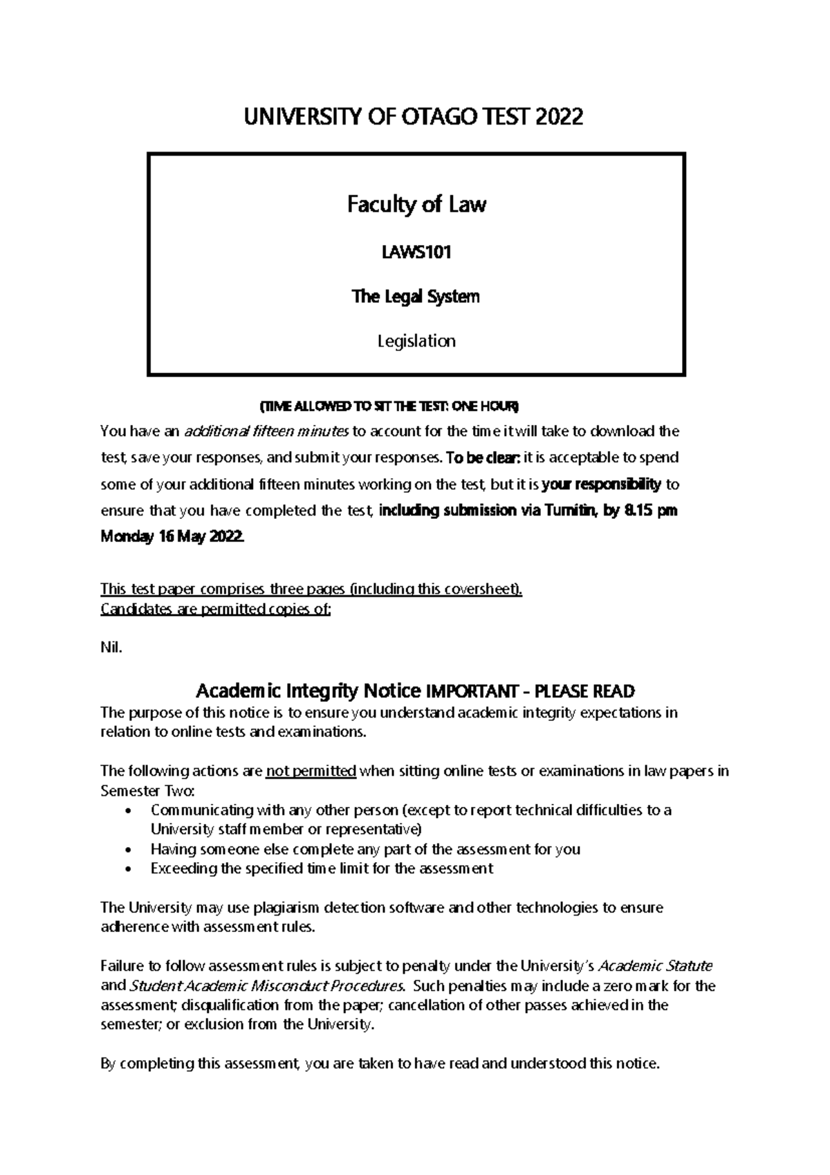 Online test Legislation UNIVERSITY OF OTAGO TEST 202 2 Faculty of Law