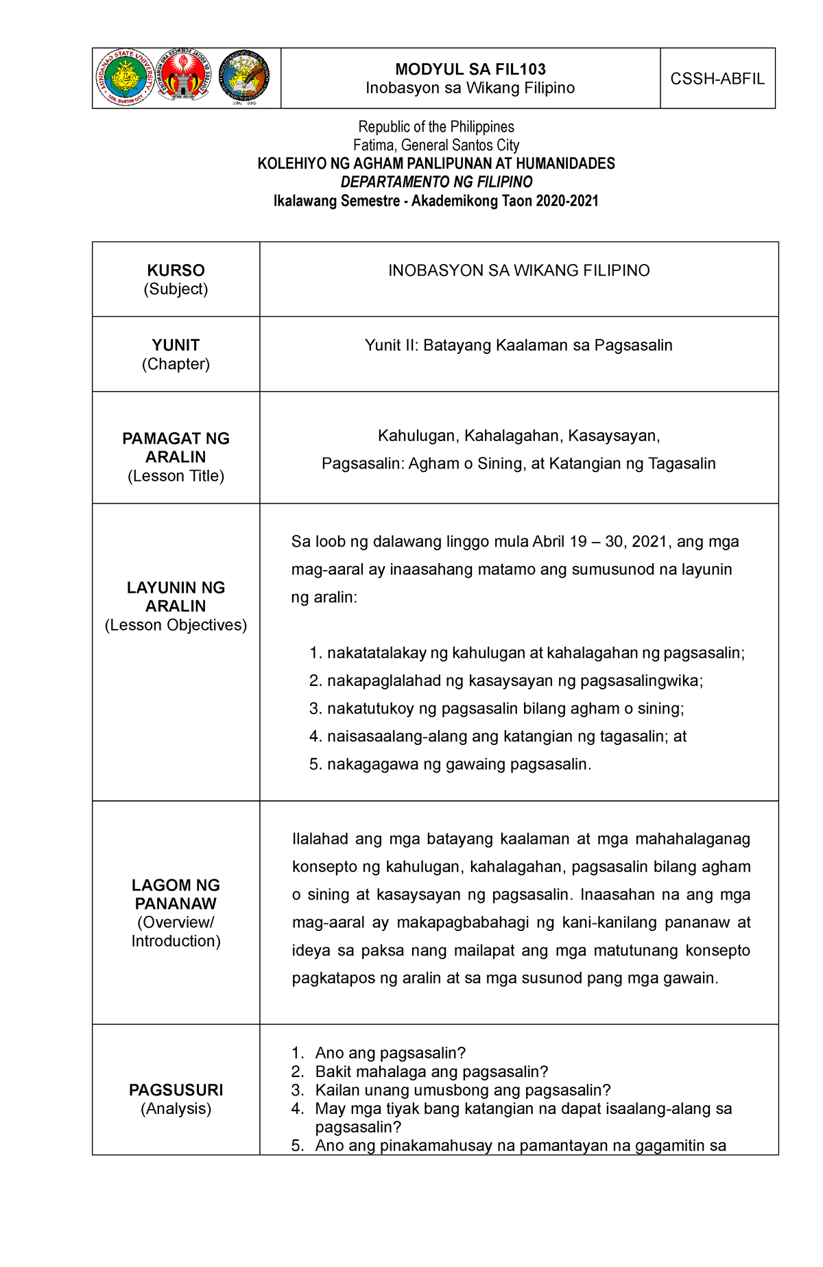 FIL103 Modyul II 1 - Inobasyon Sa Wikang Filipino CSSH-ABFIL KURSO ...