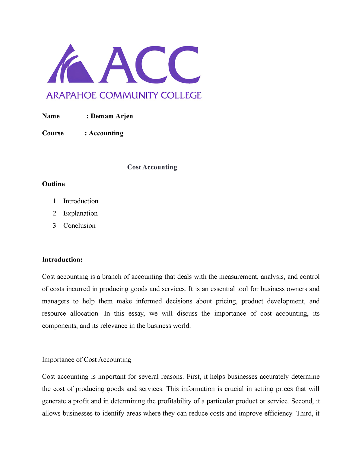 cost accounting essay definition