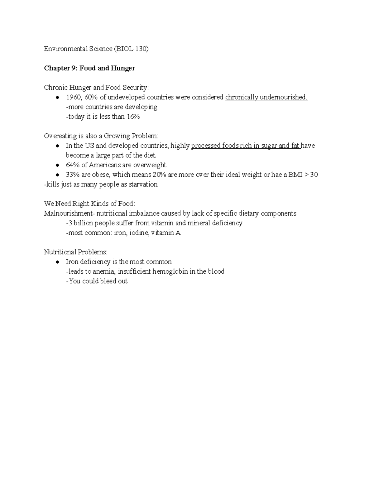 Ch 9- food and hunger - Lecture notes 9 - Environmental Science (BIOL ...