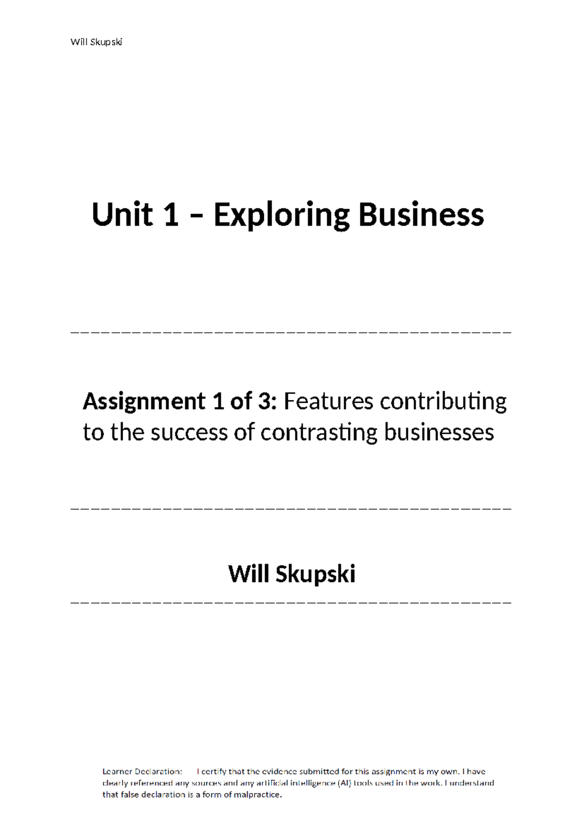 Assignment for 2024 - Unit 1 – Exploring Business Assignment 1 of 3 ...