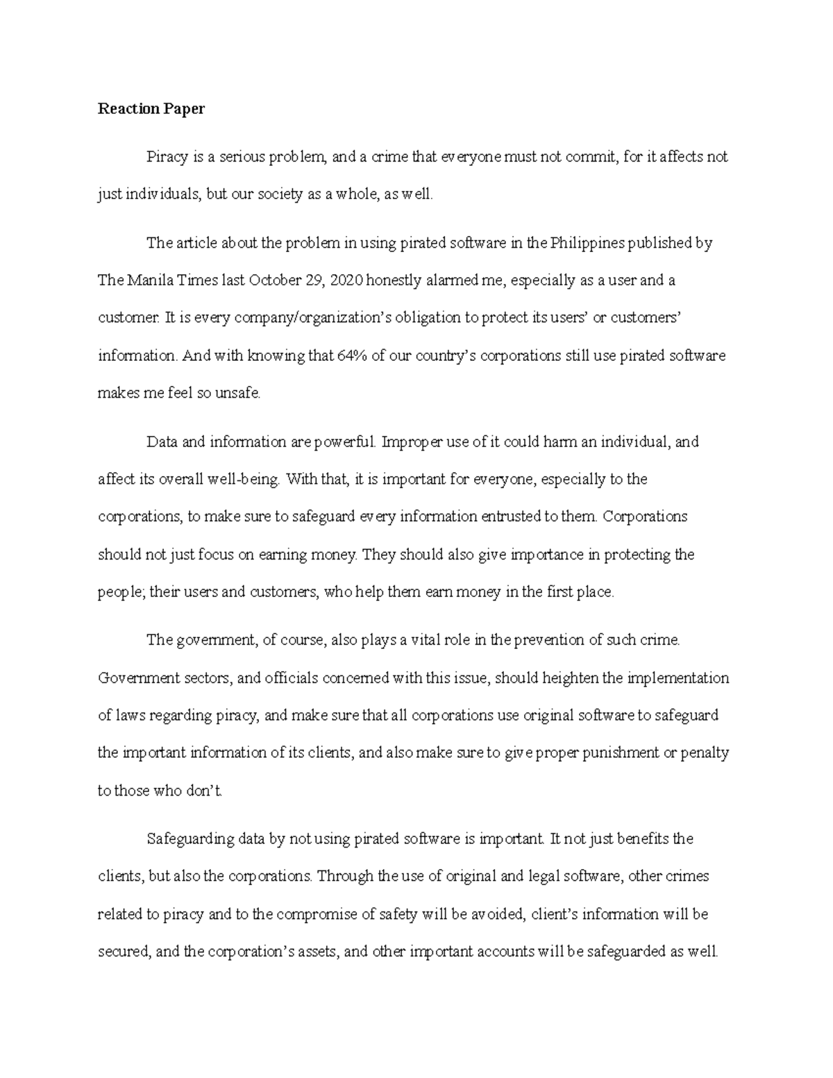 Reaction Paper about Piracy - Reaction Paper Piracy is a serious ...