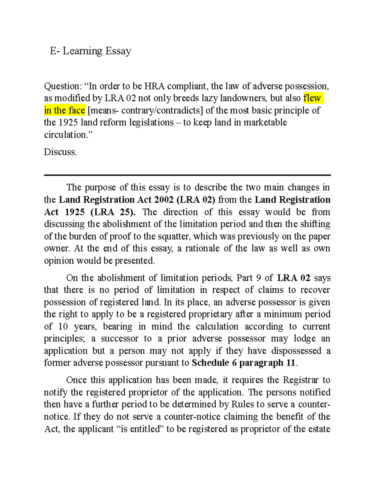 E Learning Essay (Adverse possession) final - E- Learning Essay ...
