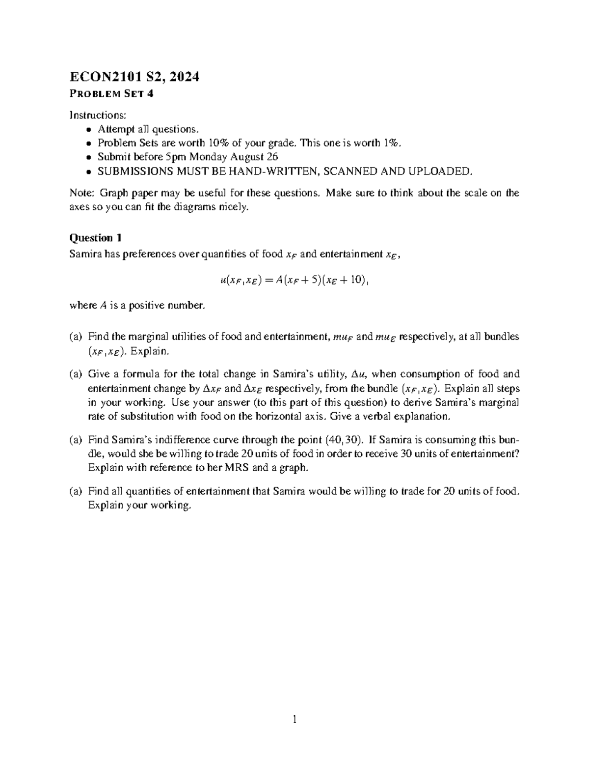 week 4 Questions ECON2101 2024 - ECON2101 S2, 2024 PROBLEM SET 4 ...