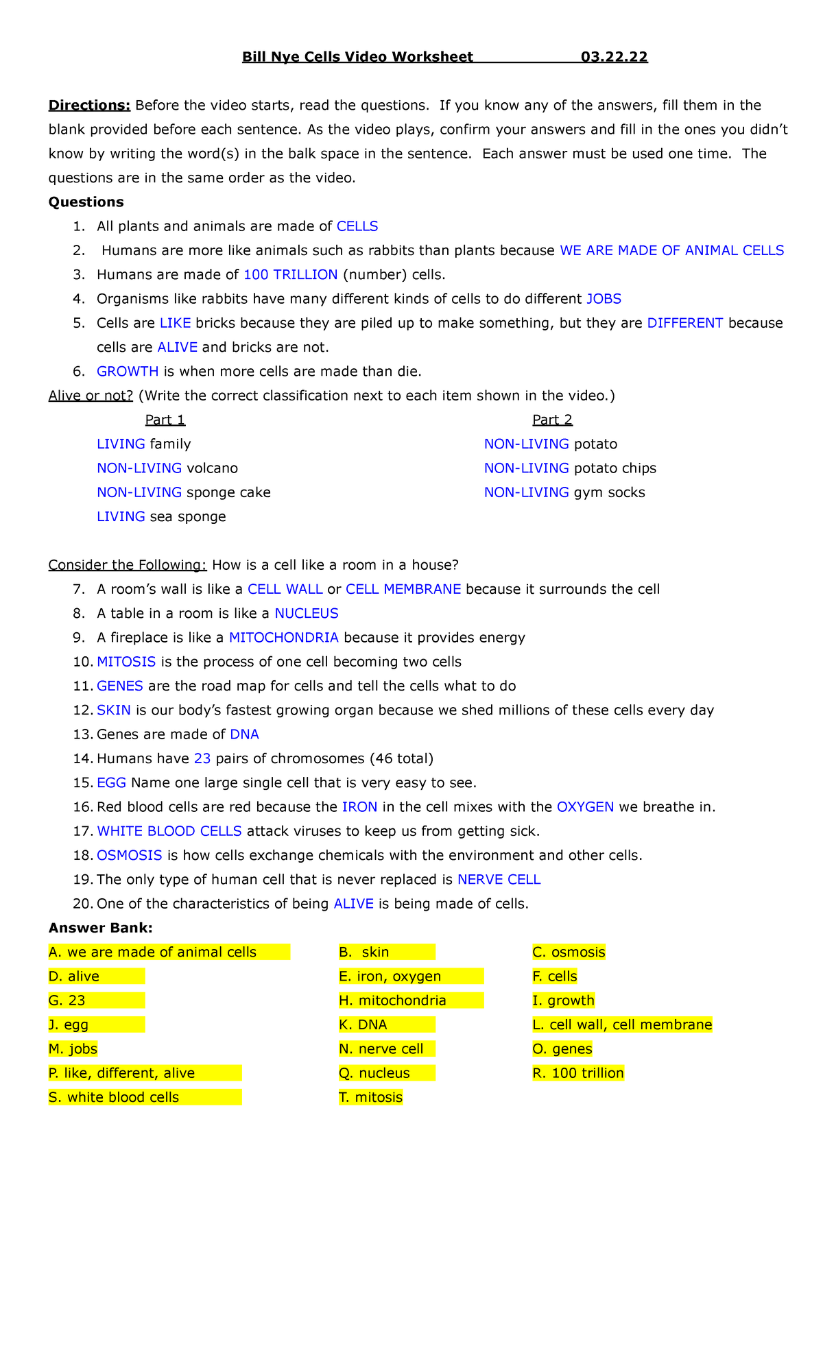 Bill Nye cells video worksheet Answers - Bill Nye Cells Video Worksheet 03.  Directions: Before the - Studocu