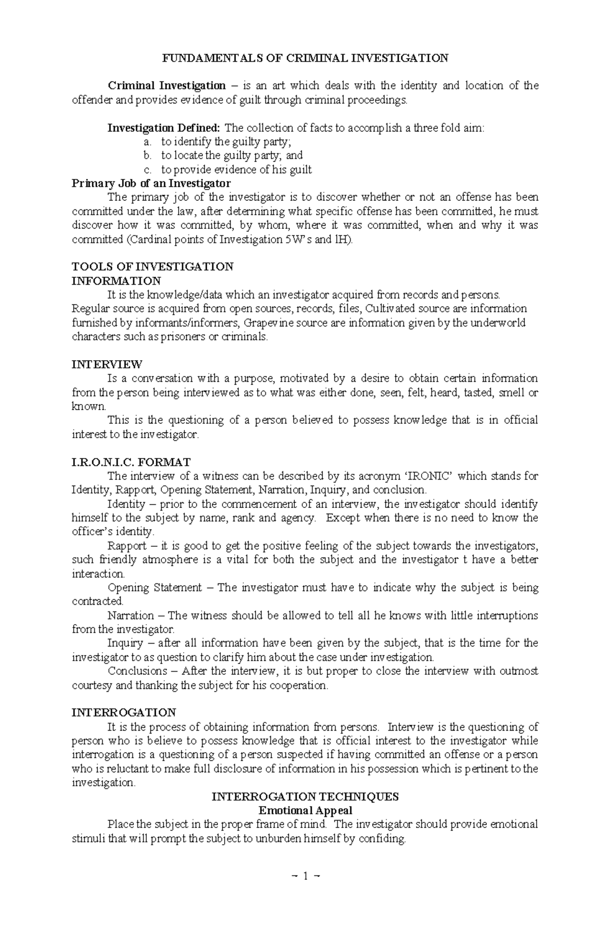 CDI Notes 1 - FUNDAMENTALS OF CRIMINAL INVESTIGATION Criminal ...