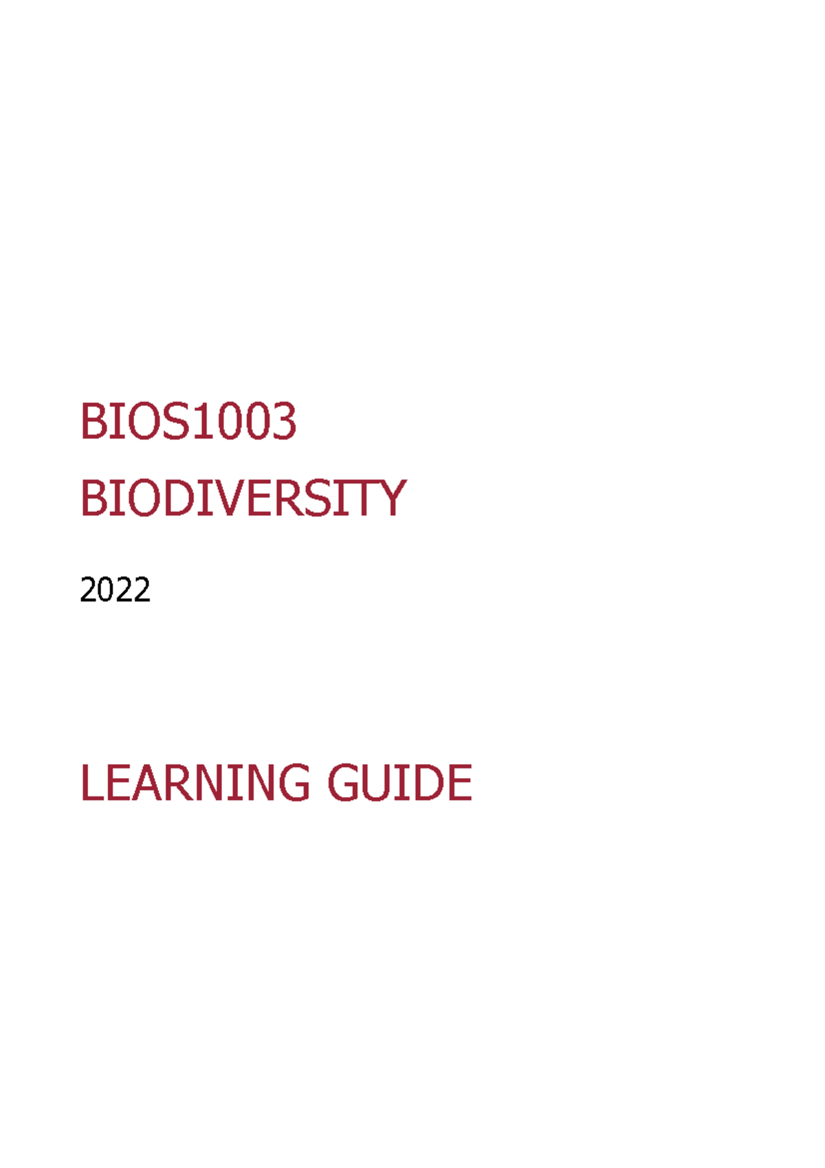 BIOS1003 Biodiversity 2022.1 LG v1 - BIOS BIODIVERSITY 2022 LEARNING ...