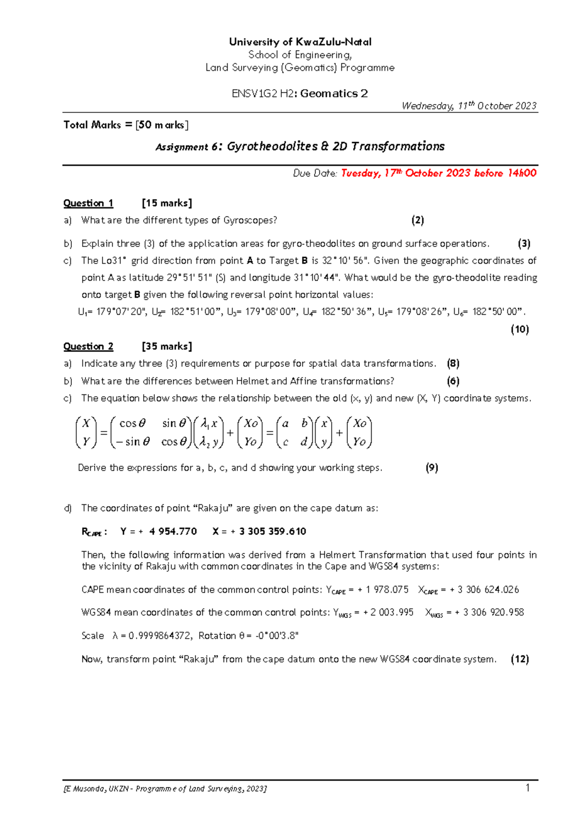 Assignment 6 - 2023 - University of KwaZulu-Natal School of Engineering ...