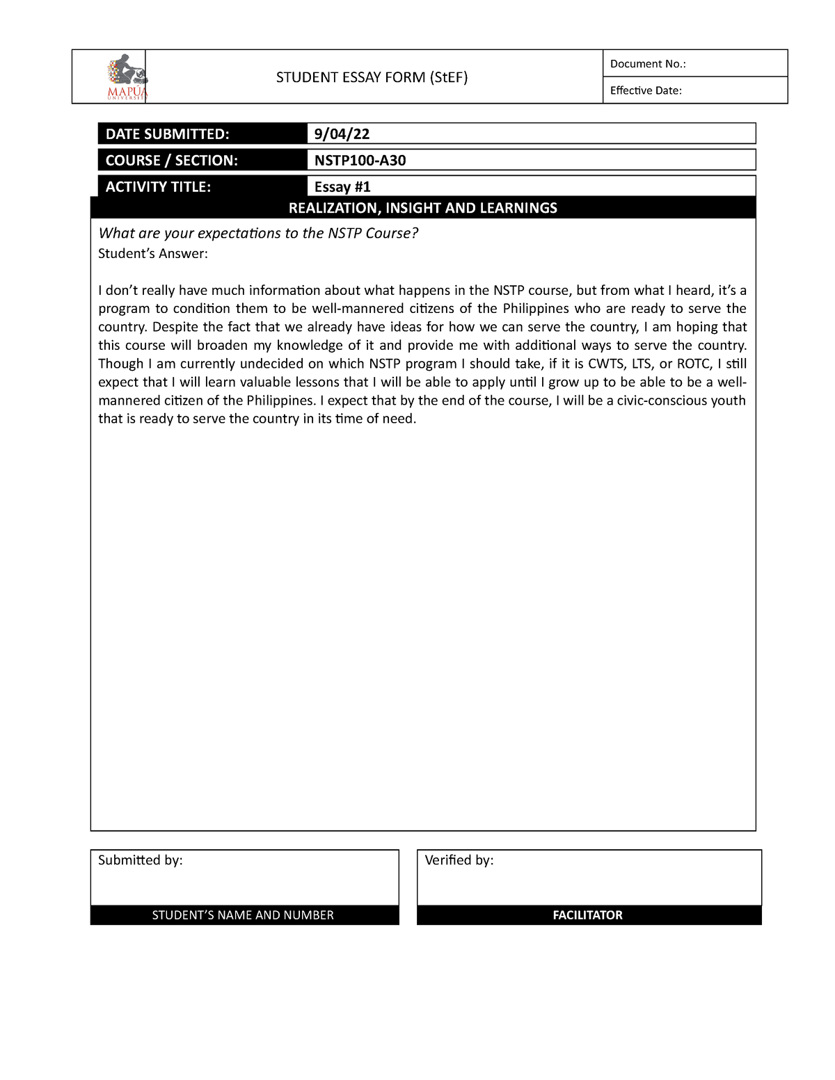 NSTP1 00 Essay #1 - STUDENT ESSAY FORM (StEF) Document No.: Effective ...