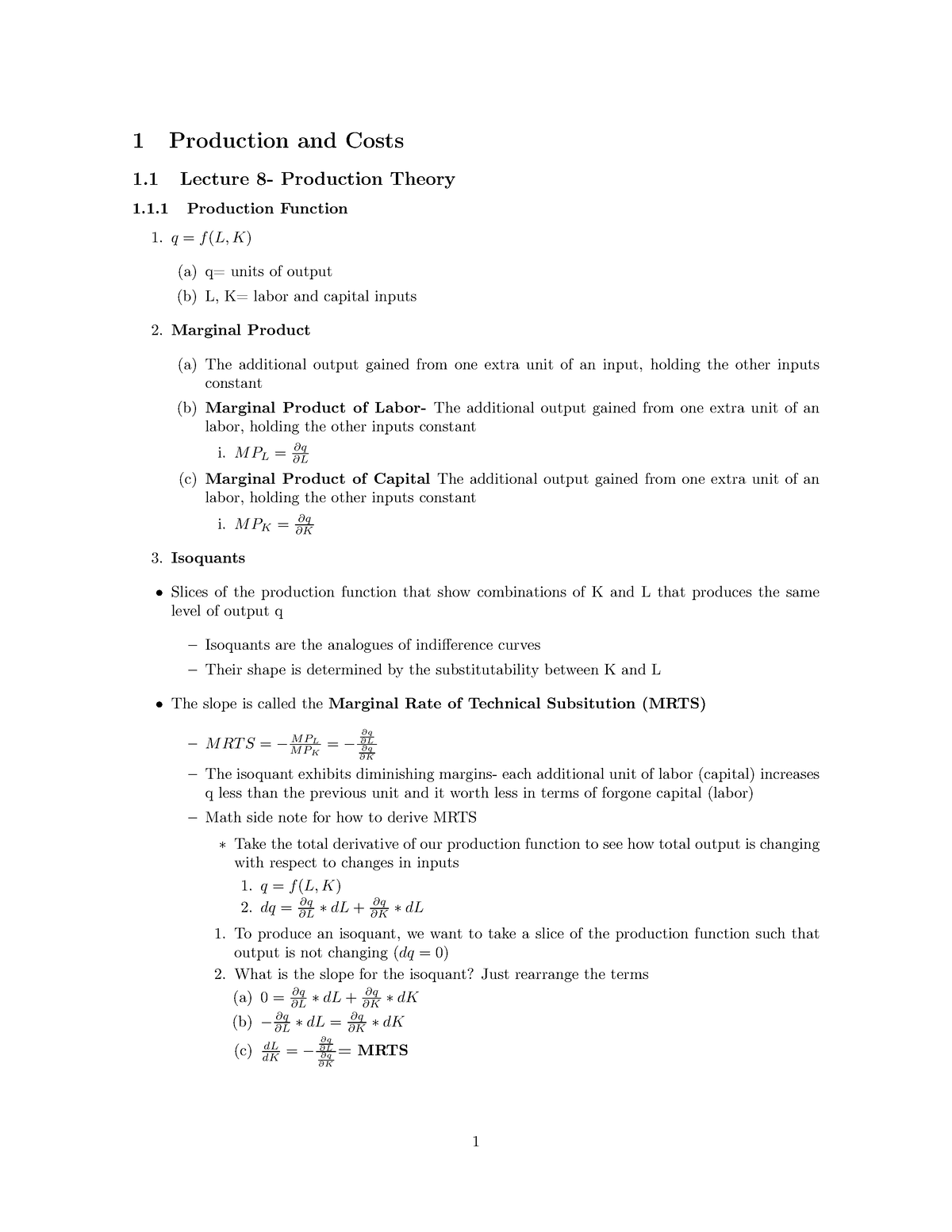 Production And Cost-micro Economics - 1 Production And Costs 1 Lecture ...