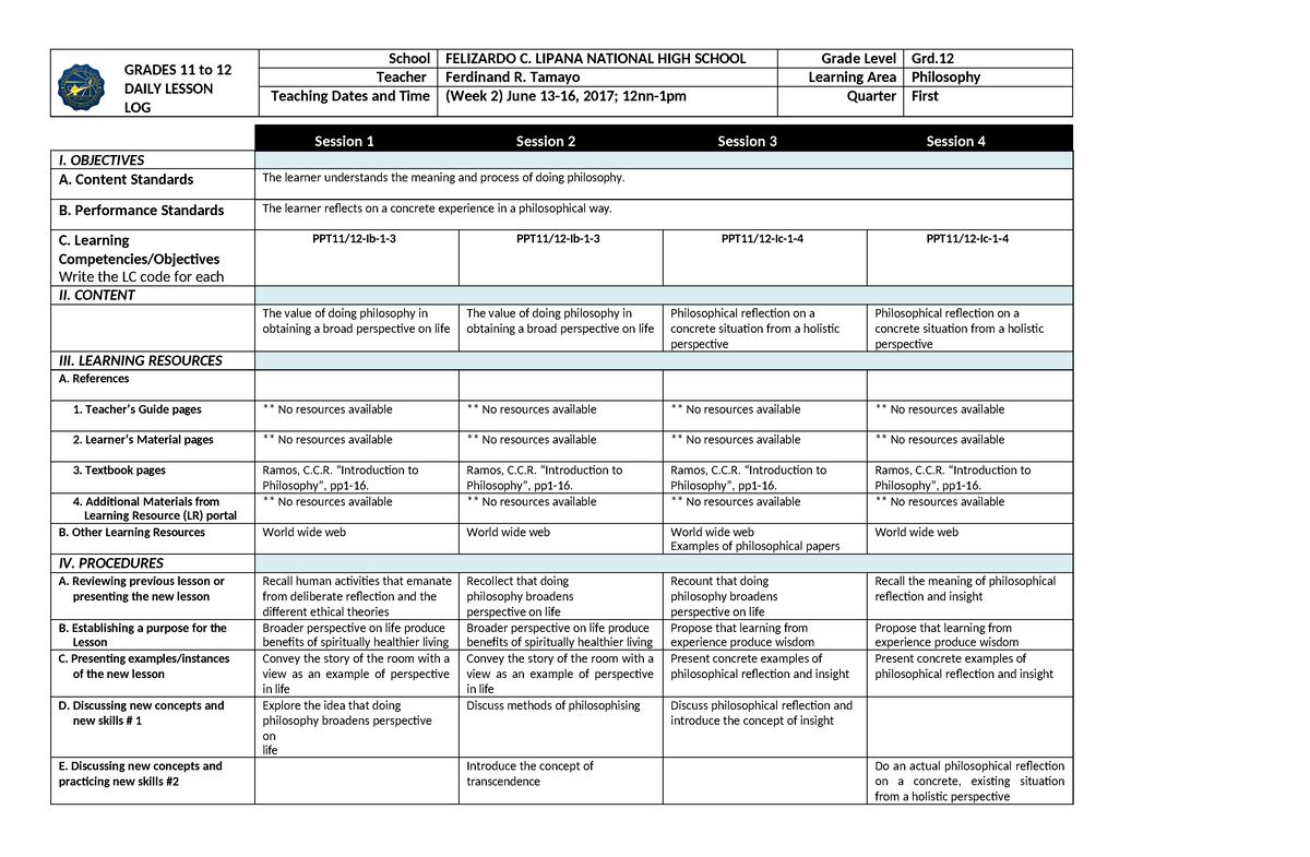 Ilide - GRADES 11 to 12 DAILY LESSON LOG School FELIZARDO C. LIPANA ...