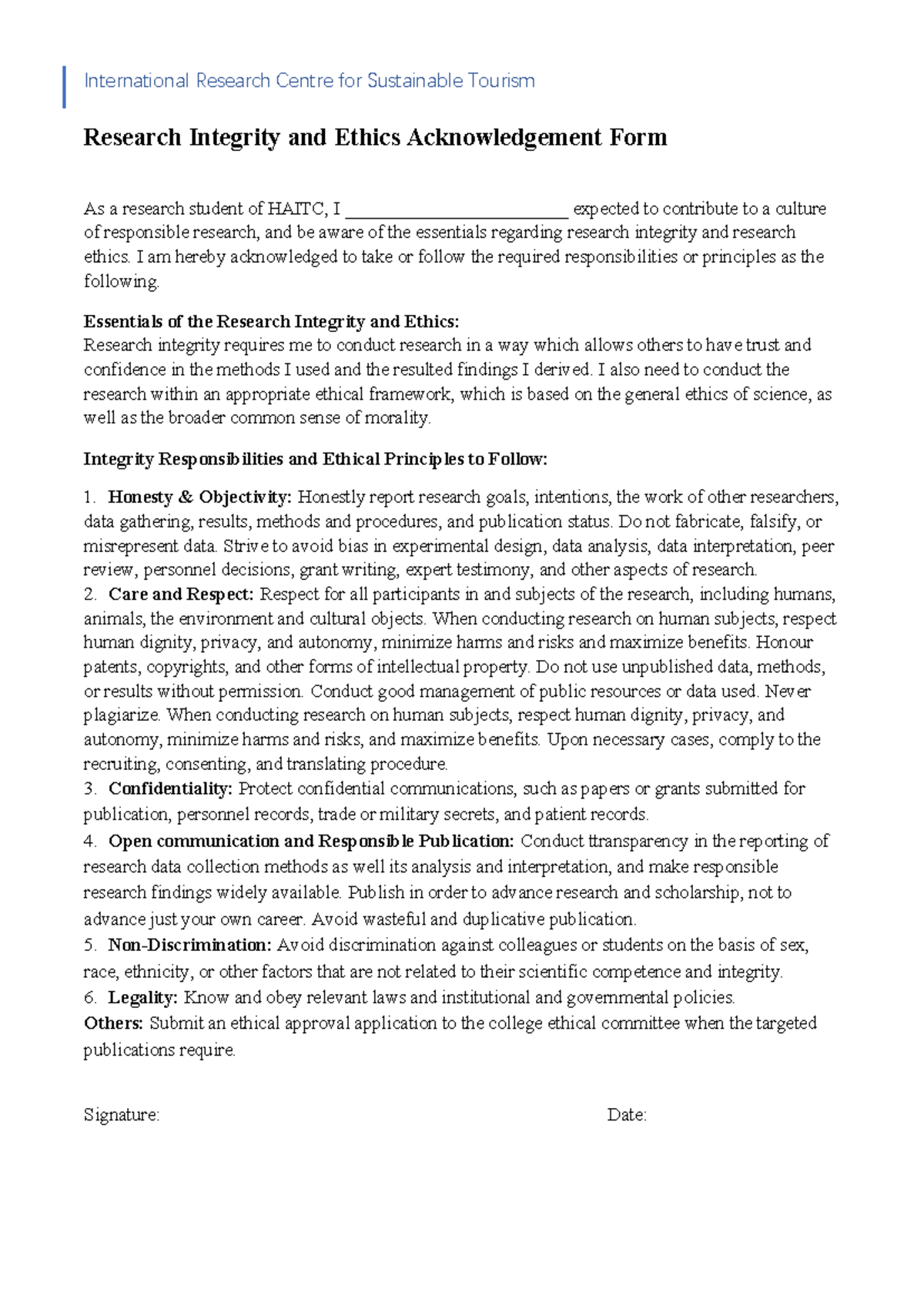 Research Integrity and Ethics Acknowledgement Form 2023 - International ...