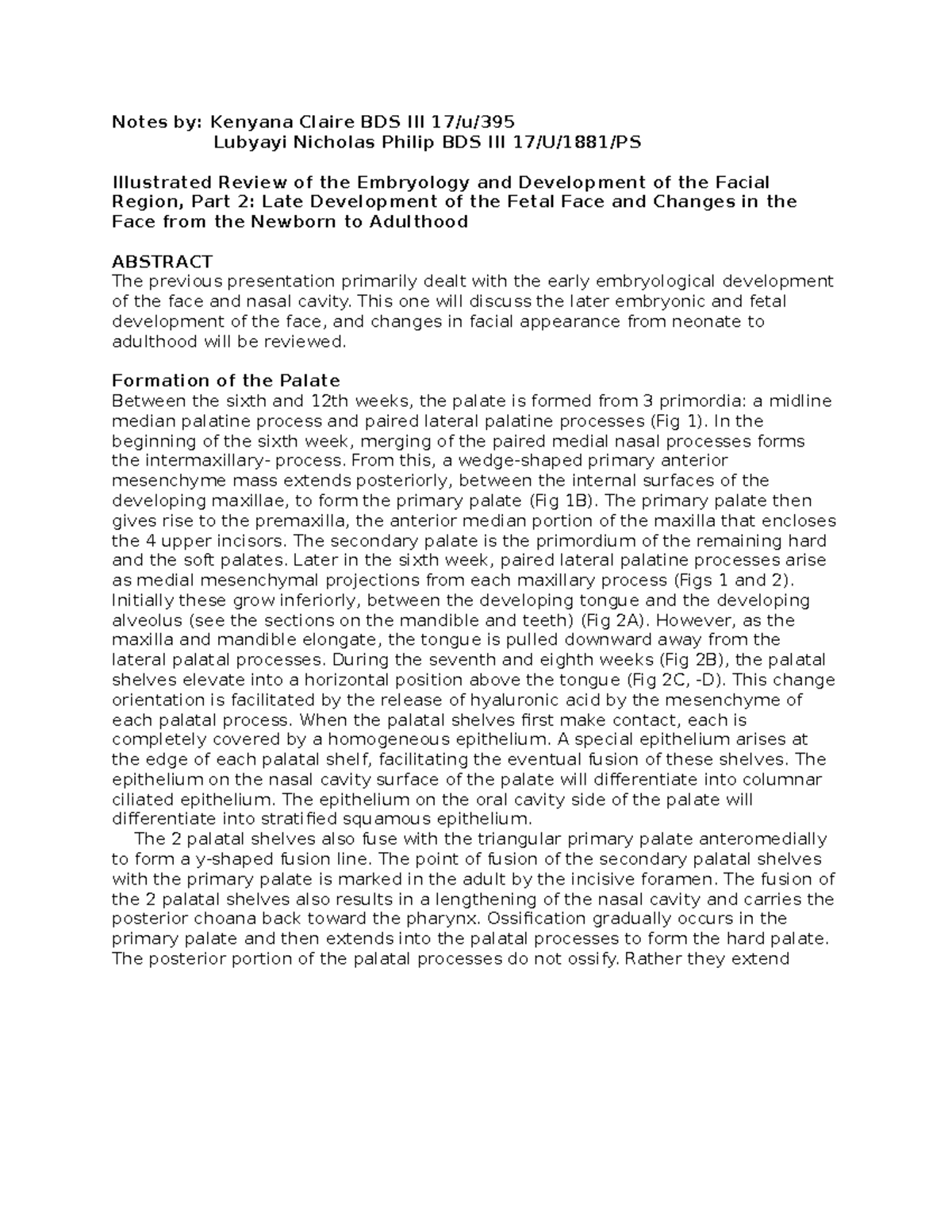 Development of the face Notes by Kenyana Claire BDS III 17/u