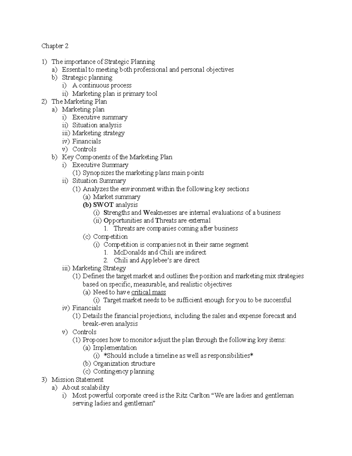 Marketing notes 2 - Chapter 2 1) The importance of Strategic Planning a ...