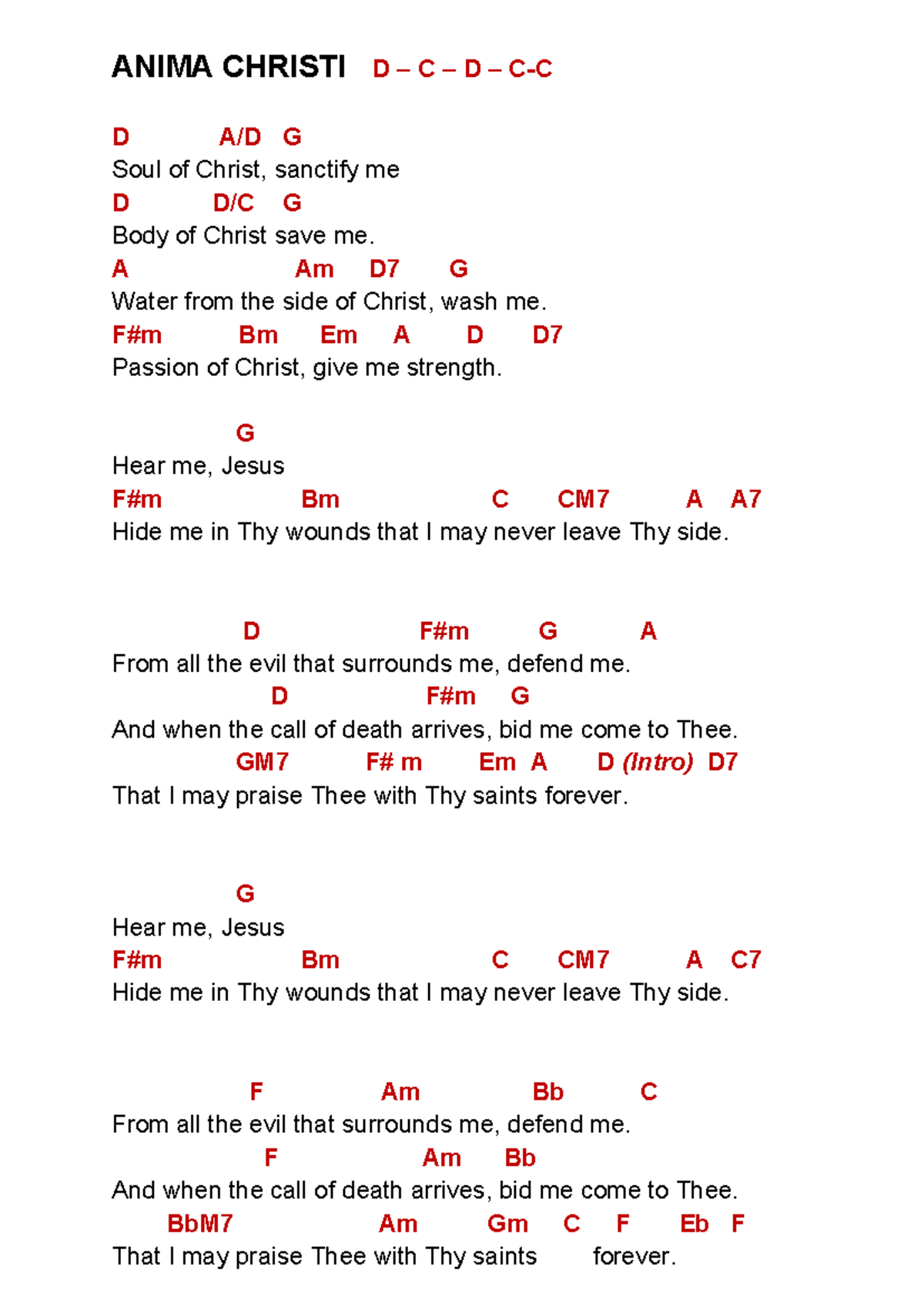 Anima Christi chords - ANIMA CHRISTI D – C – D – C-C D A/D G Soul of ...